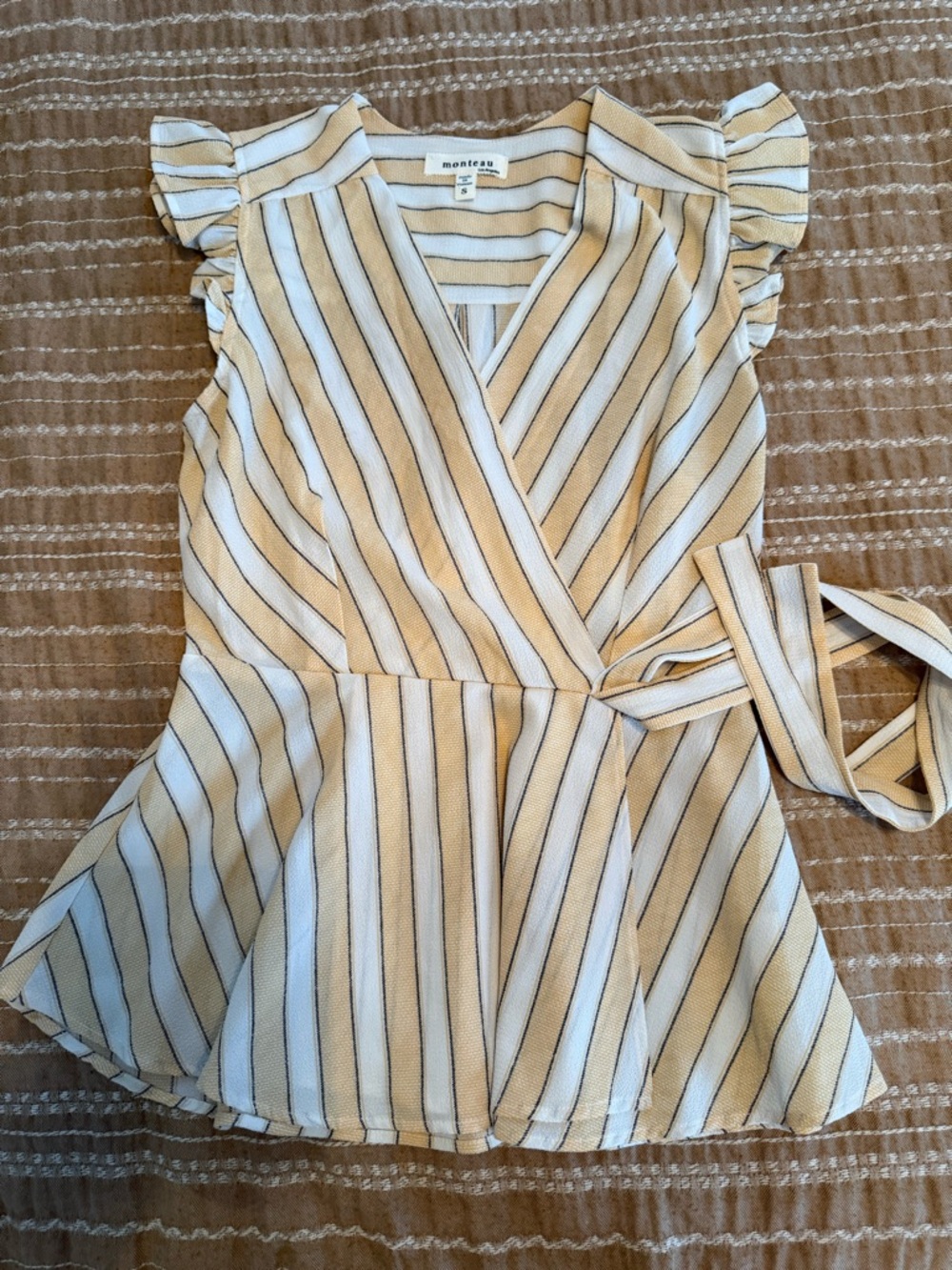 Monteau Striped Wrap Top in Cream and Tan